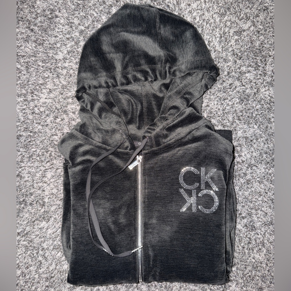 Women’s XL Calvin Klein Charcoal Zip-Up Hoodie Jacket with Silver Bedazzled Logo